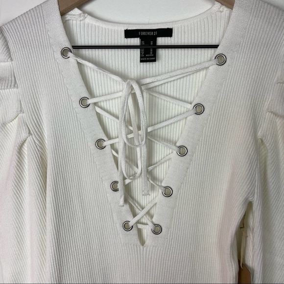 Forever21 White Ribbed V-Neck Lace Up Puff Shoulders Bodycon Mini Dress Sz M NEW - Picture 3 of 7